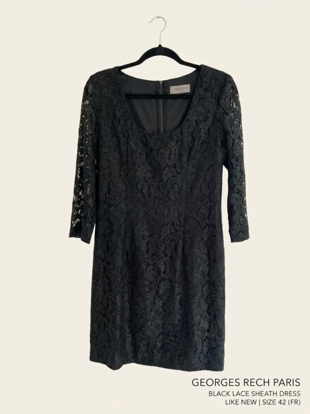 Georges Rech Paris Black Lace Scoop Neck Sheath Dress Lined Size 42 US 10 Like N